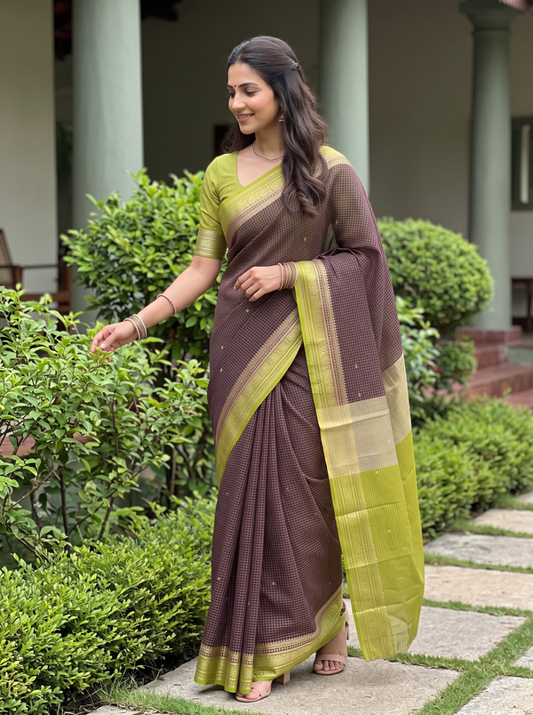 Semi Chanderi Silk Maroon Checkered Gold Zari Border Saree