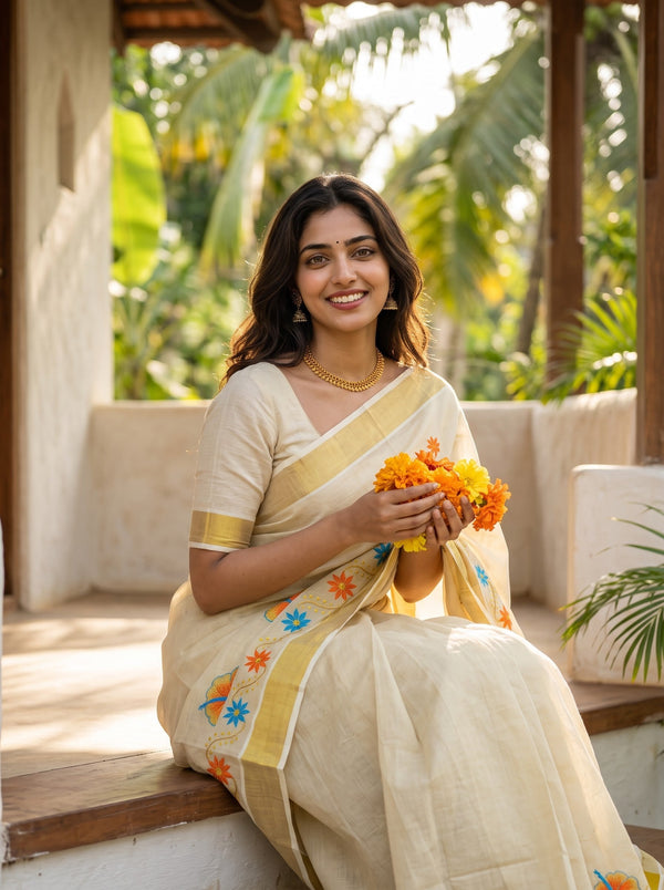 Tissue Cream Hibiscus Embroidery  with Golden Border Onam Special Kerala Saree