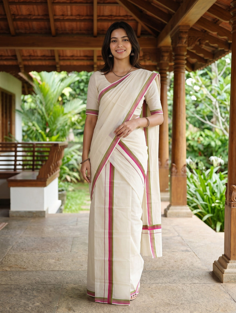 A woman wearing a cream-colored cotton saree with pink and gold border stripes, standing on a wooden porch with lush green garden foliage in the background.