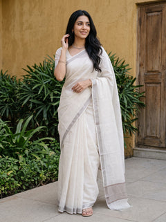 Cotton White Saree with Woven Square Dot Motifs and Beige Striped Pallu