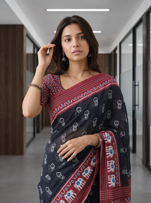 Cotton Black Saree with Ikat Elephant Print Maroon Pallu
