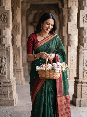 Semi Silk Bottle Green Red Zari Ganesha Motif Saree with Tassels