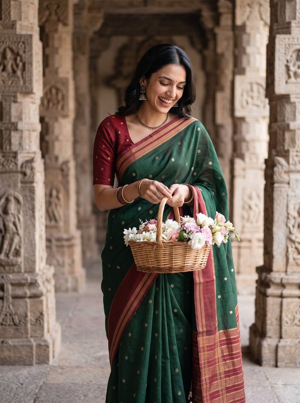 Semi Silk Bottle Green Red Zari Ganesha Motif Saree with Tassels