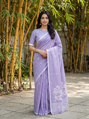 Cotton Lavender Purple Saree with White Floral Bouquet Pallu