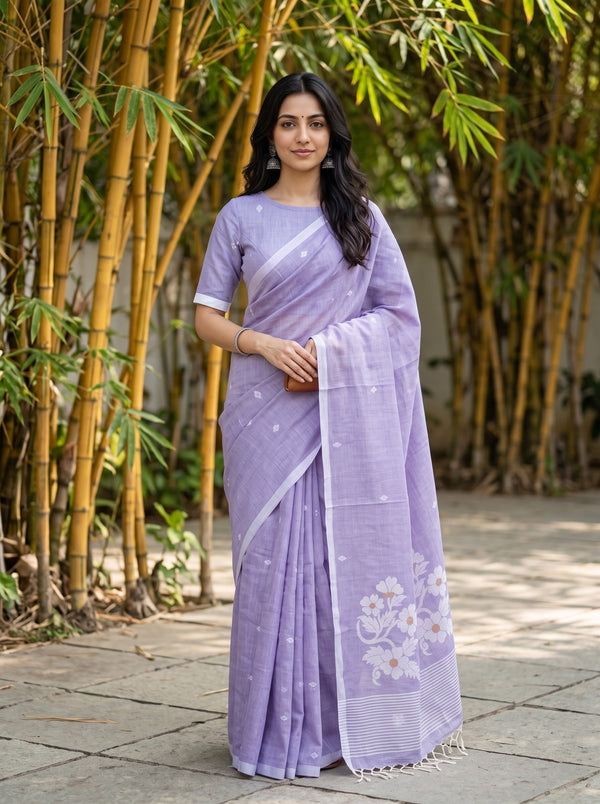 Cotton Lavender Purple Saree with White Floral Bouquet Pallu