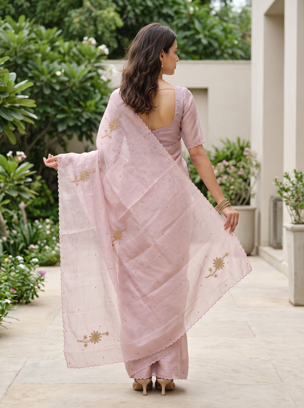 Linen Mauve Pink Saree with Golden Beadwork Floral Sprig Motifs and Scallop Edge