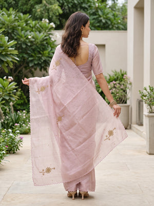 Linen Mauve Pink Saree with Golden Beadwork Floral Sprig Motifs and Scallop Edge