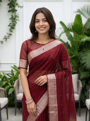 Organza Maroon Copper Striped Border Saree with Tassels