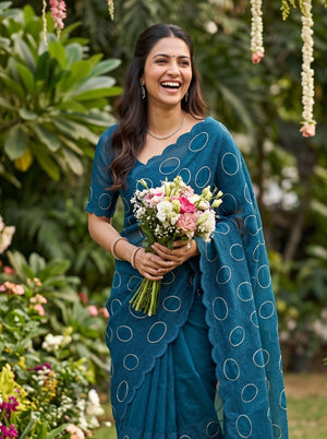 Organza Peacock Blue Zari Circle Motif Squiggle Embroidered Saree
