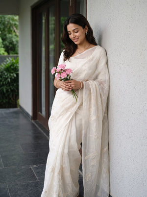 Organza Ivory Bird and Floral Embroidered Saree