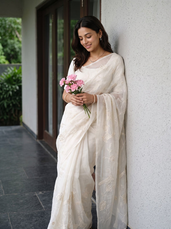 Organza Ivory Bird and Floral Embroidered Saree