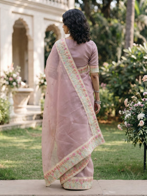 Organza Dusty Pink Saree with Multicolor Floral Border