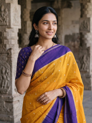Banarasi Silk Mustard Violet Contrast Border Saree