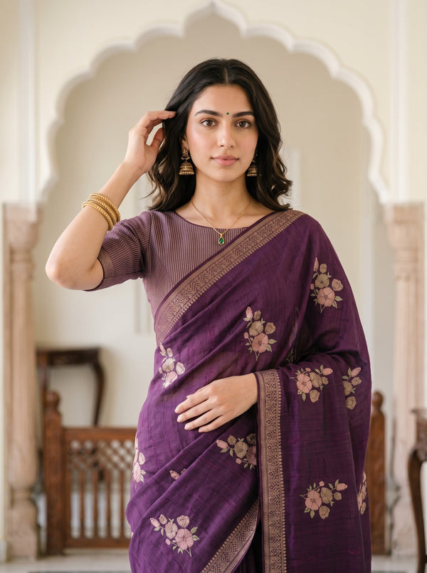 Semi Tussar Purple Floral Butta Zari Saree