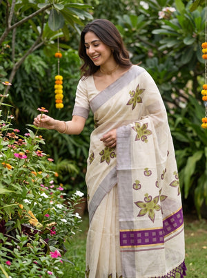 Cotton Cream Green Floral Print Purple Geometric Border Onam Special Kerala Saree