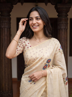 Tissue Cream Floral Onam Kerala Saree with Meditating Buddha Pallu