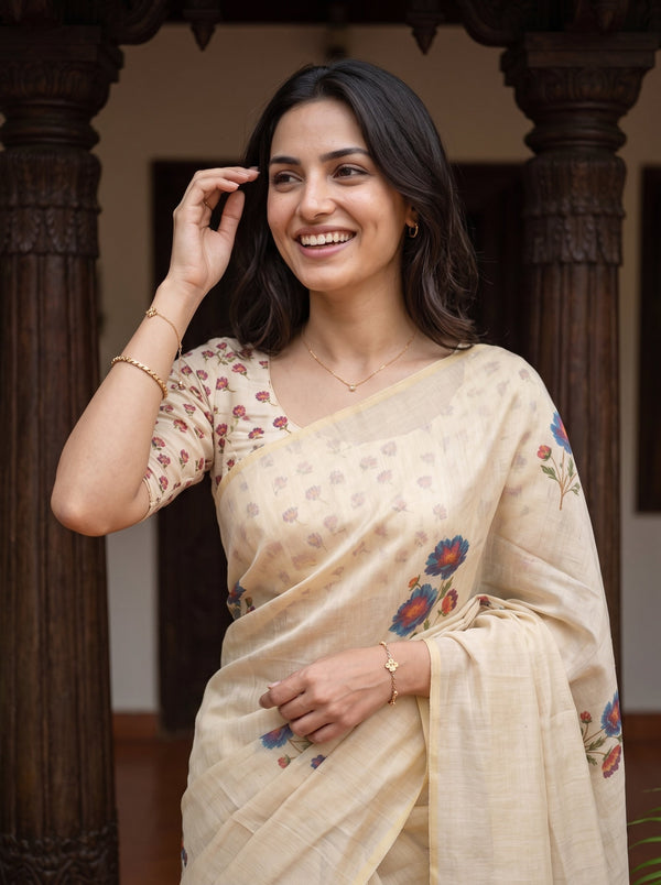 Tissue Cream Floral Onam Kerala Saree with Meditating Buddha Pallu