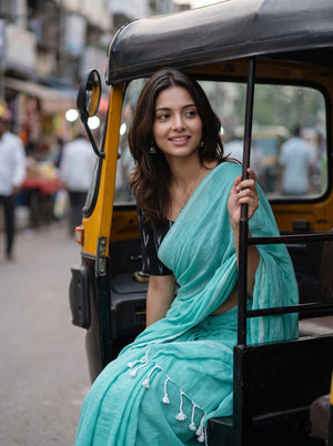 Cotton Mint Green Saree with White Tassels and Black Print