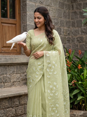 Net Kota Olive Green Self-Tone Floral Vine Saree