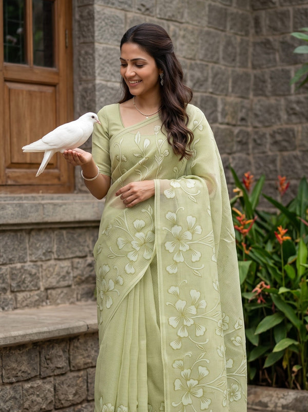 Net Kota Olive Green Self-Tone Floral Vine Saree