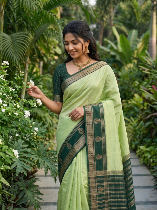 Chanderi Cotton Light Green Saree with Gold Zari Check and Floral Motif Pallu