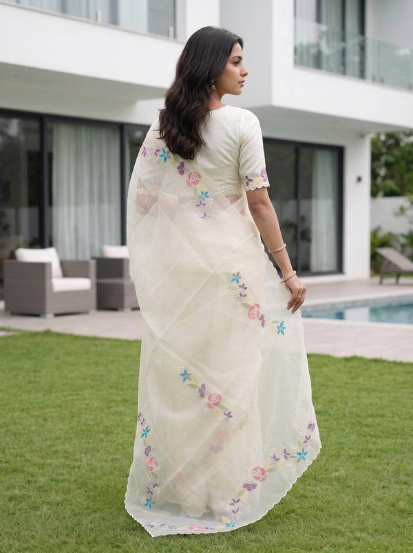 Organza Cream Plain Saree with Printed Rose Border and Scalloped Hem