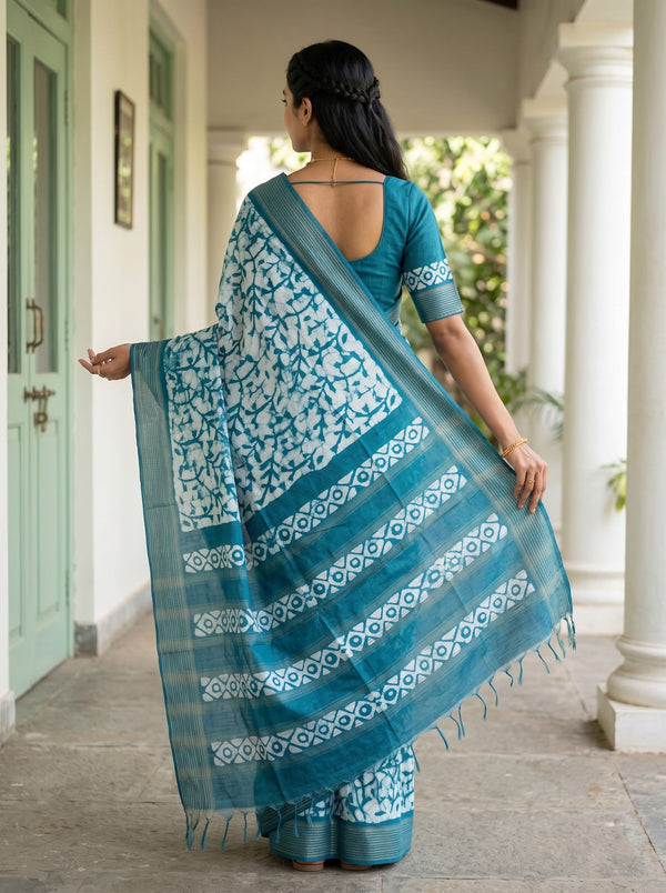 Polycotton Teal Blue Saree with Batik Crackle Print