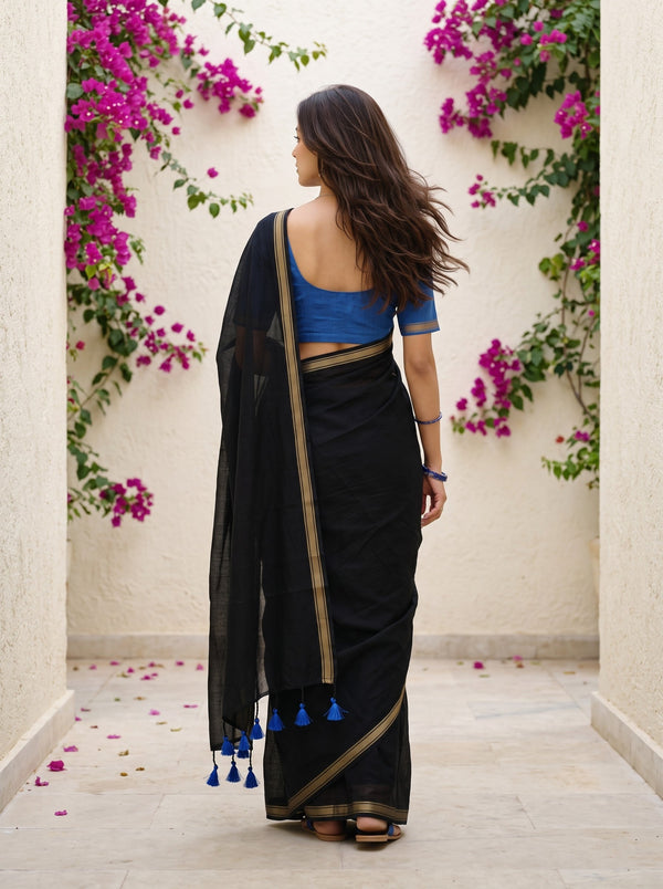 Cotton Black Saree with Golden Zari Striped Border and Tassels