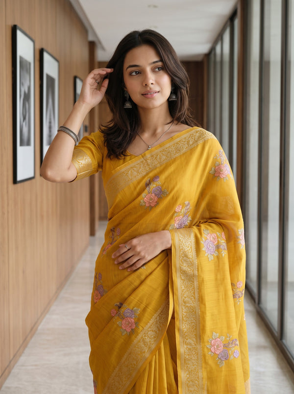 Chanderi Cotton Mustard Saree with Floral Motifs