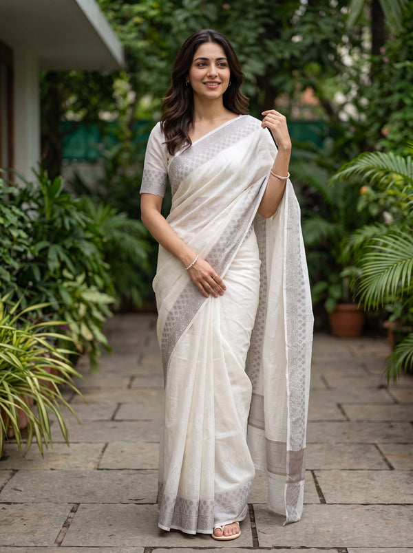 Cotton Off-White Self-Tone Textured Saree with Beige Floral Jacquard Border