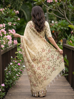 Linen Pale Yellow Floral Trail Border Saree