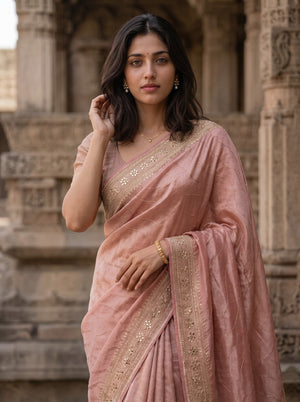 Banarasi Dusty Pink Stone Work Paisley Pallu Saree