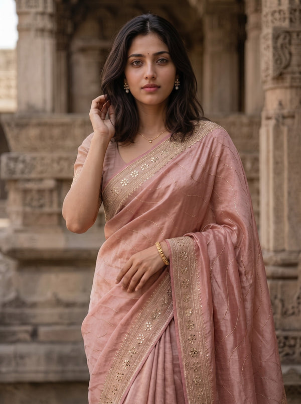 Banarasi Dusty Pink Stone Work Paisley Pallu Saree