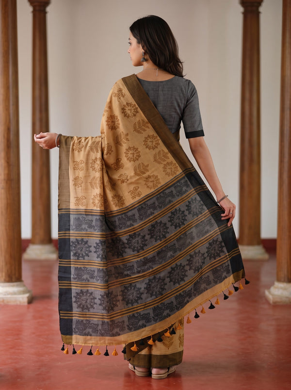 Cotton Grey Mustard Batik Print Pinstripe Border Tasseled Saree