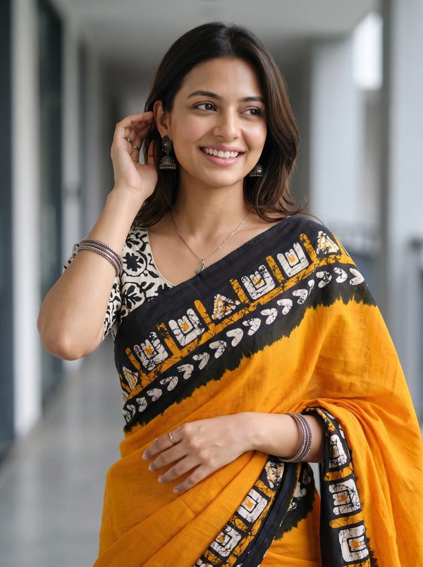 Cotton Black yellow Tribal Batik Print Saree