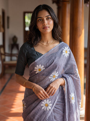 Cotton Grey Daisy Floral Print Saree
