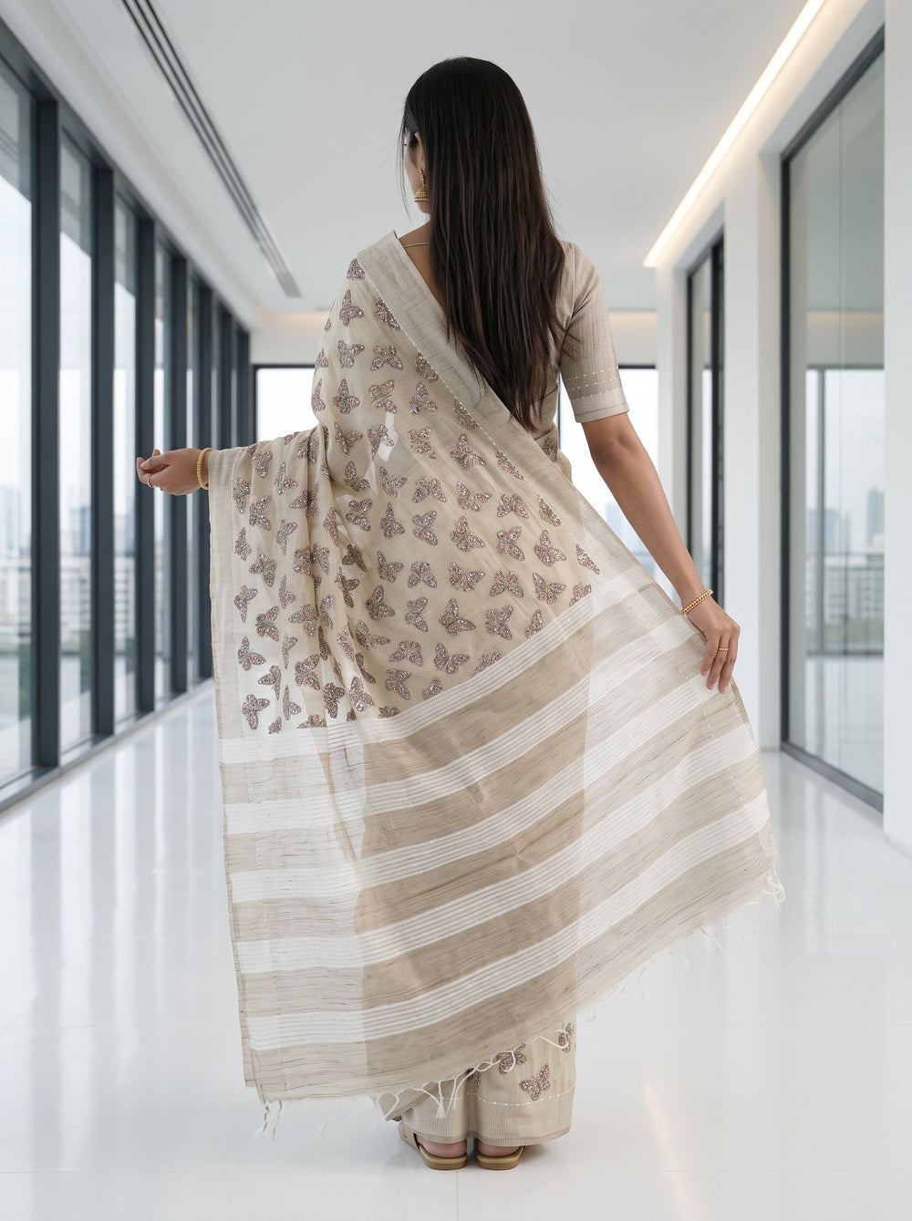 Chanderi Cotton Beige Sequined Butterfly Print Saree with Striped Pallu