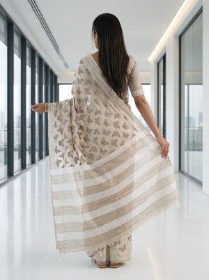 Chanderi Cotton Beige Sequined Butterfly Print Saree with Striped Pallu