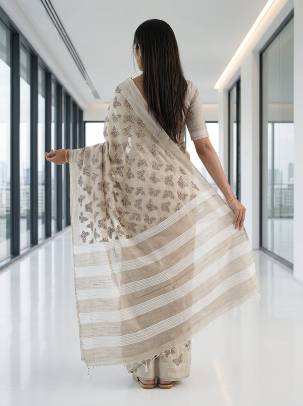 Chanderi Cotton Beige Sequined Butterfly Print Saree with Striped Pallu