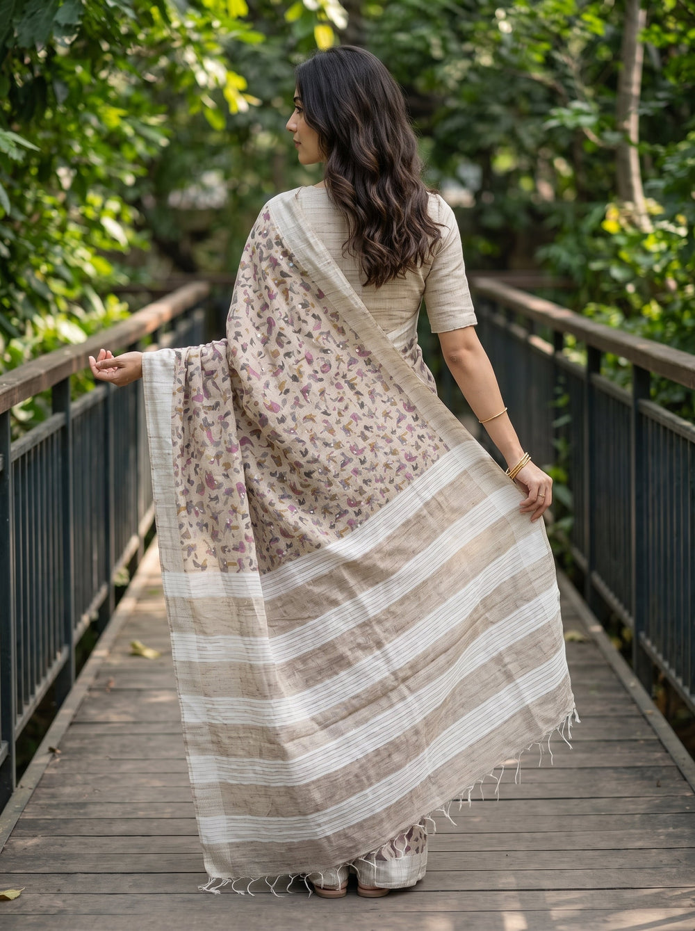 Chanderi Cotton Beige Tribal Bird Print Saree with Striped Pallu