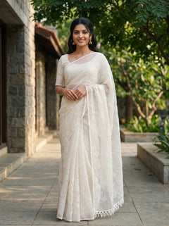 Kota Doria White Self-Tone Leaf Embroidery Lace Border Saree