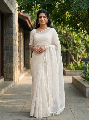 Kota Doria White Self-Tone Leaf Embroidery Lace Border Saree