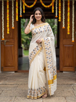 Cotton Cream Peacock Feather Print Gold Zari Border Onam Special Kerala Saree