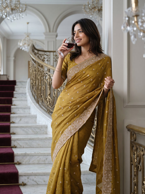 Chiffon Mustard Golden Stone Embellished Floral Border Saree