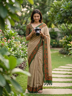 Cotton Beige Saree with Green and Orange Floral Motif Print