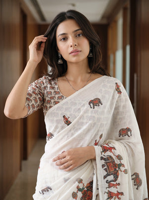 Cotton White Saree with Royal Elephant Procession Print
