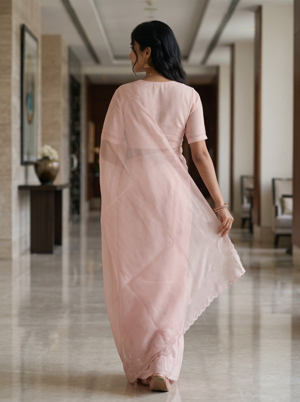 Organza Baby Pink Sequin Floral Pallu Saree