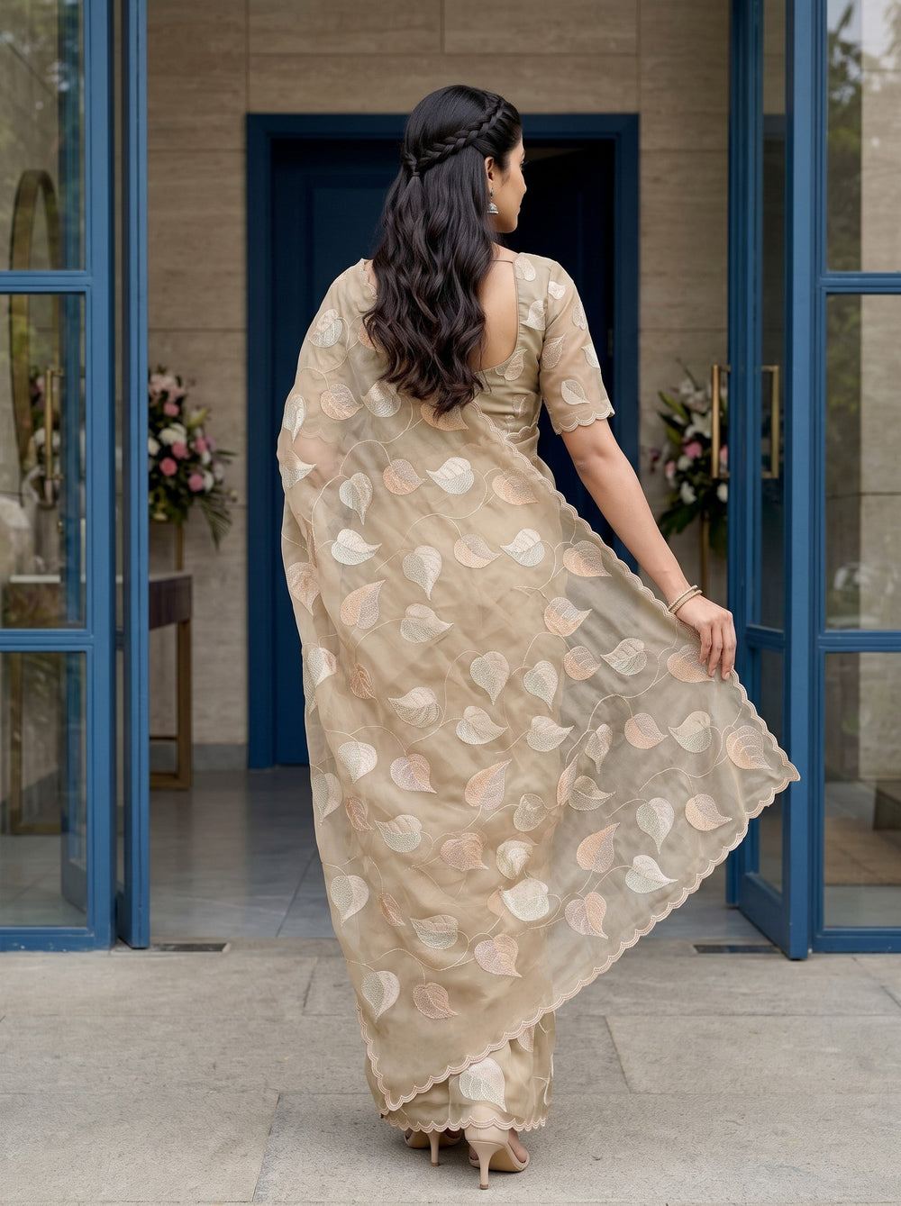 Organza Khaki Golden Peepal Leaf Zari Applique Embroidered Saree