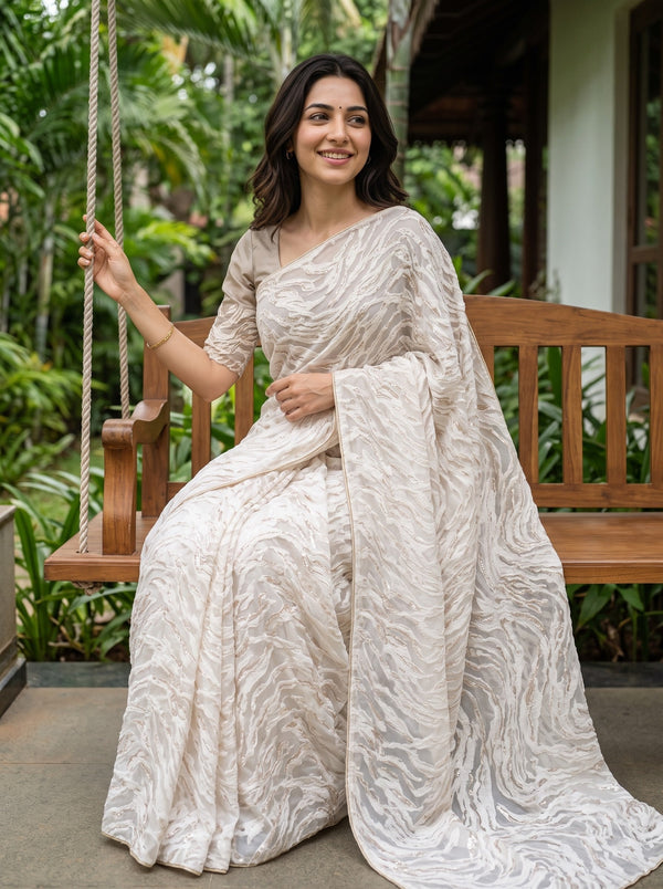 Turkish Organza Cream Abstract Zari Wave Woven Saree