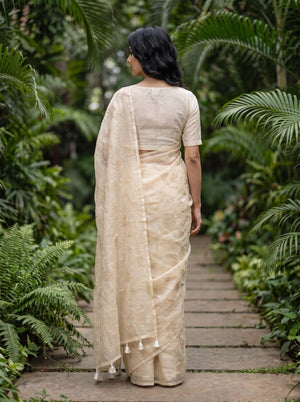 Mul Chanderi Beige Saree with Embroidered Lotus Vine Print